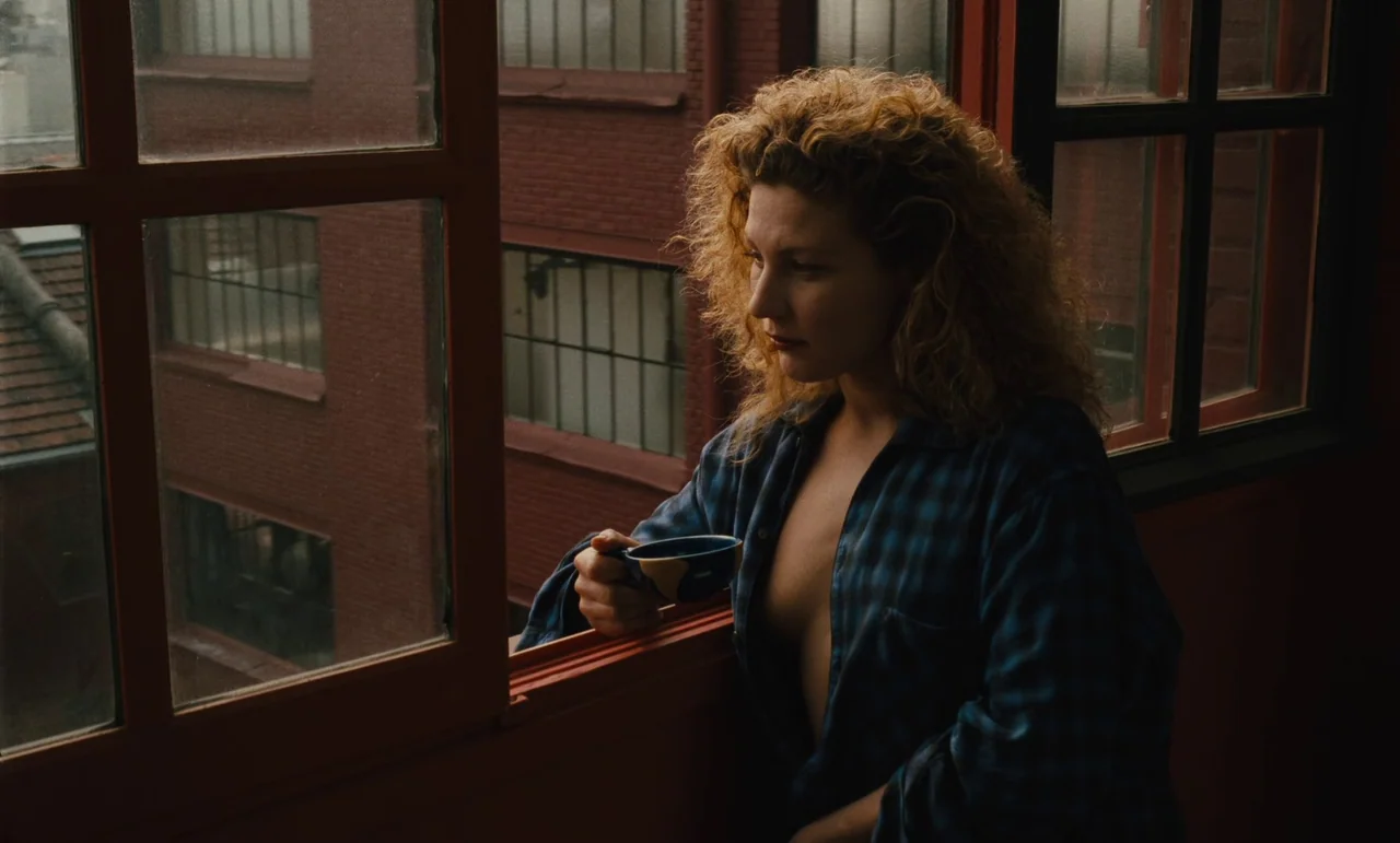 Until The End Of The World (1991) movie still: medium — A woman stands before a window frame overlooking a red brick industrial building facade. She…