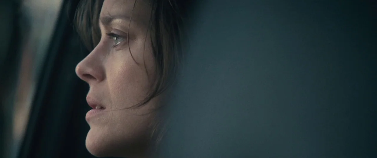 Rust And Bone (2012) movie still: closeup — A woman's face is seen in side profile inside the interior of a vehicle. She looks through a window at…