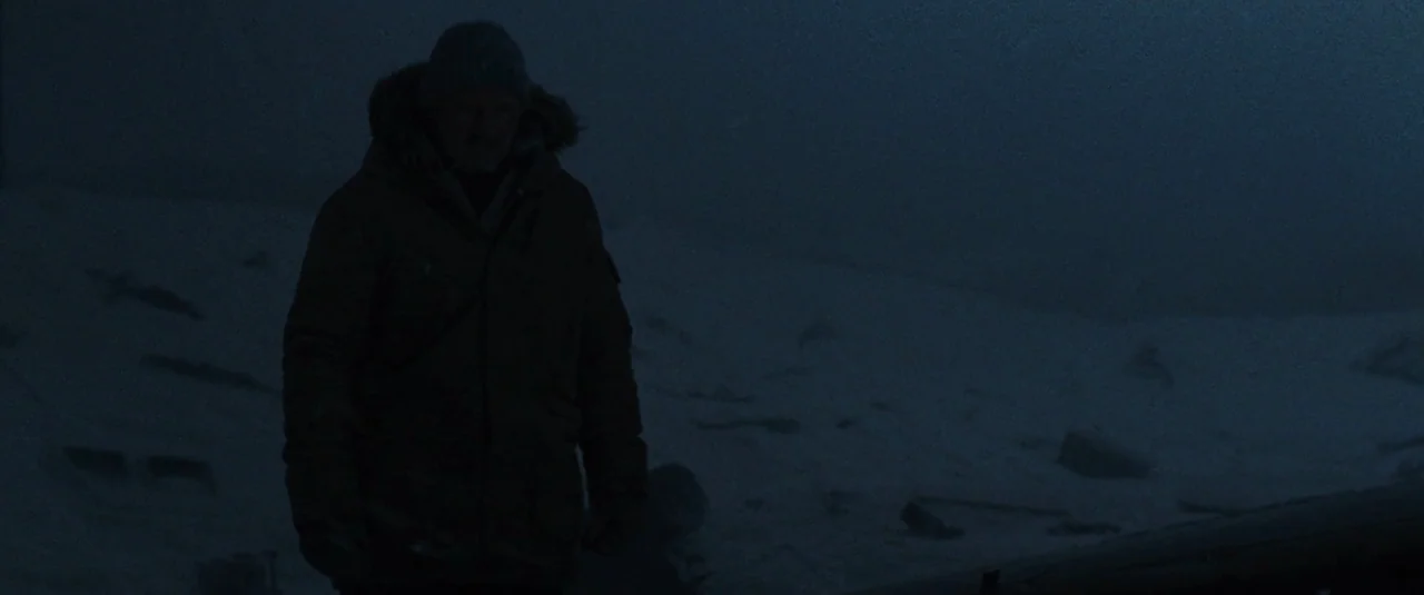 The Grey (2012) movie still: medium — A dark, snow-covered expanse stretches out under low-visibility night conditions. A man in a winter coat…