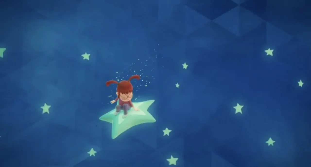 Valentina (1982) movie still: wide — A cartoon child travels through a dark blue night sky filled with glowing stars. The child sits on a large,…