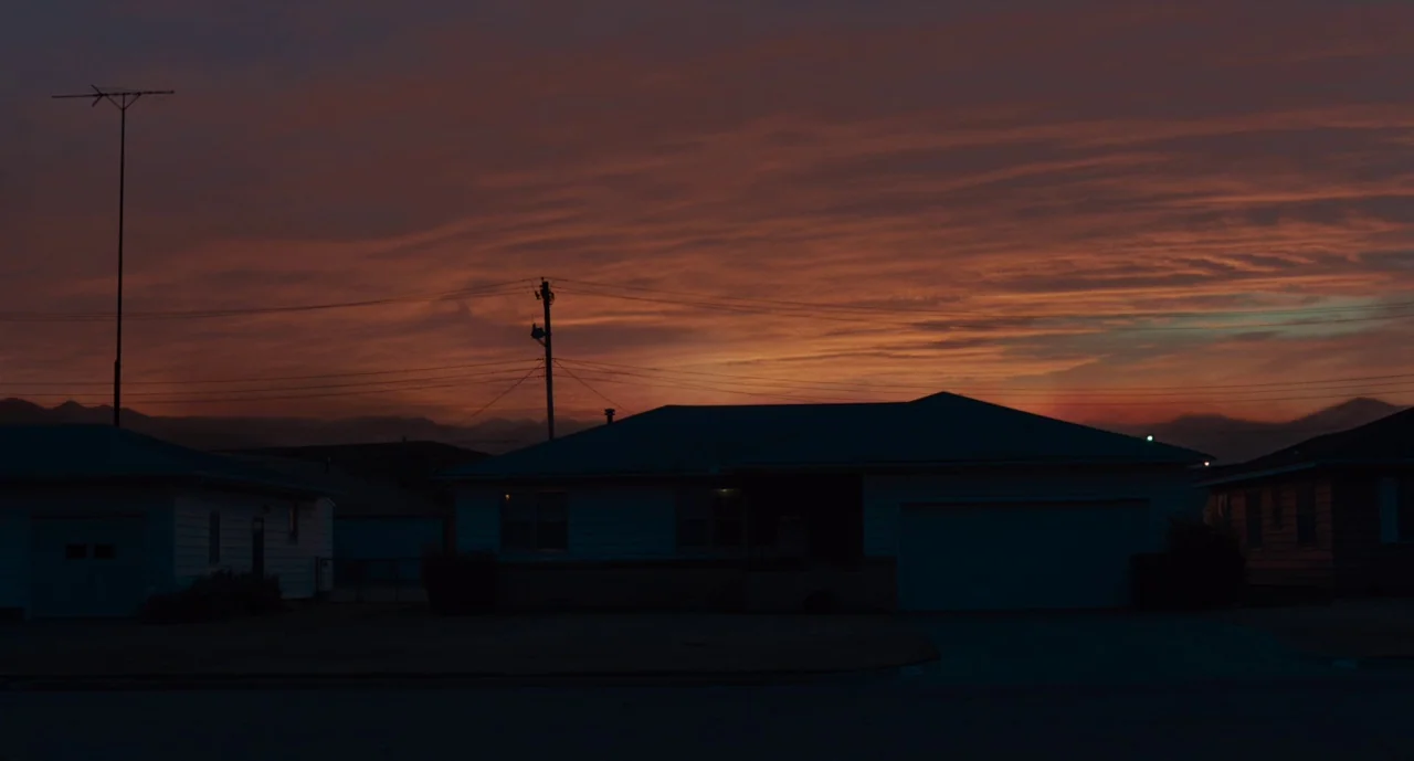 Wildlife (2018) movie still: establishing — A suburban residential street at dusk features dark silhouettes of single-story houses. A vibrant sunset…