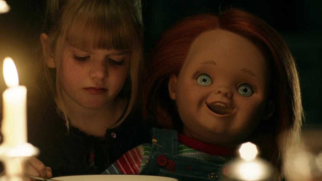 Curse of Chucky (2013) movie still: closeup — A dark indoor space is lit by warm candlelight focused on two figures. A young girl with blonde hair…