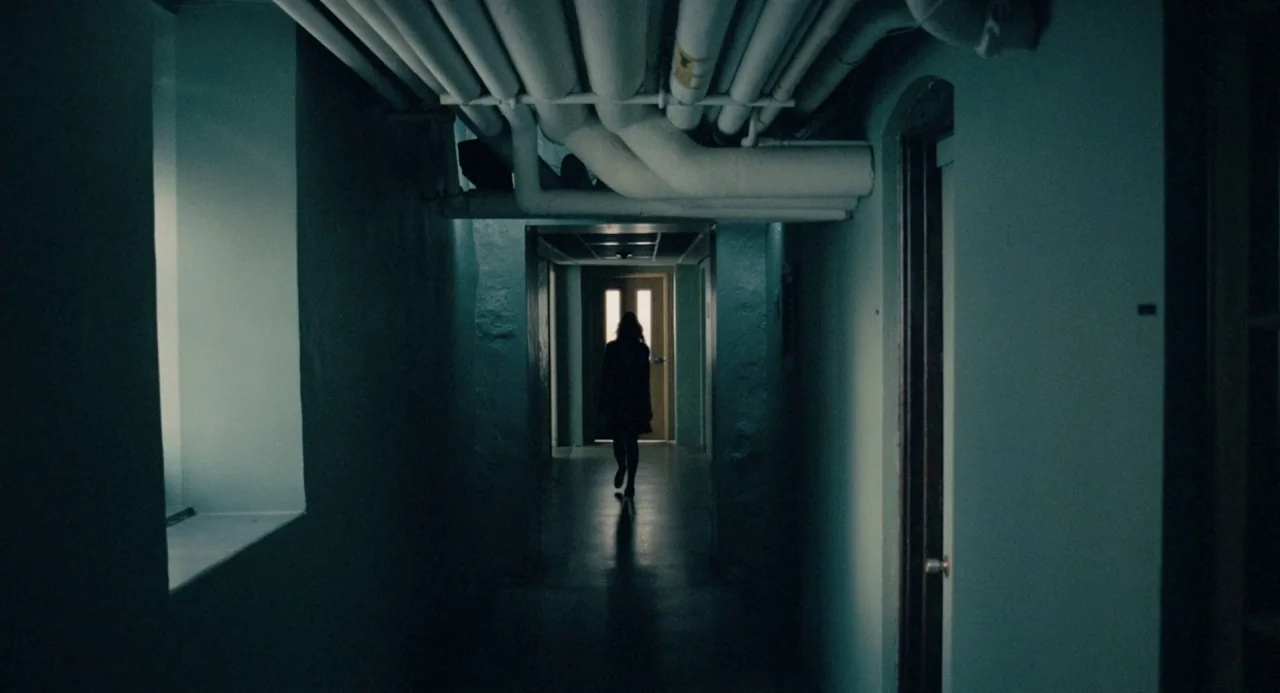 The Moth Diaries (2011) movie still: wide — A long, dark corridor features exposed white pipes running across the low ceiling. A silhouetted person…