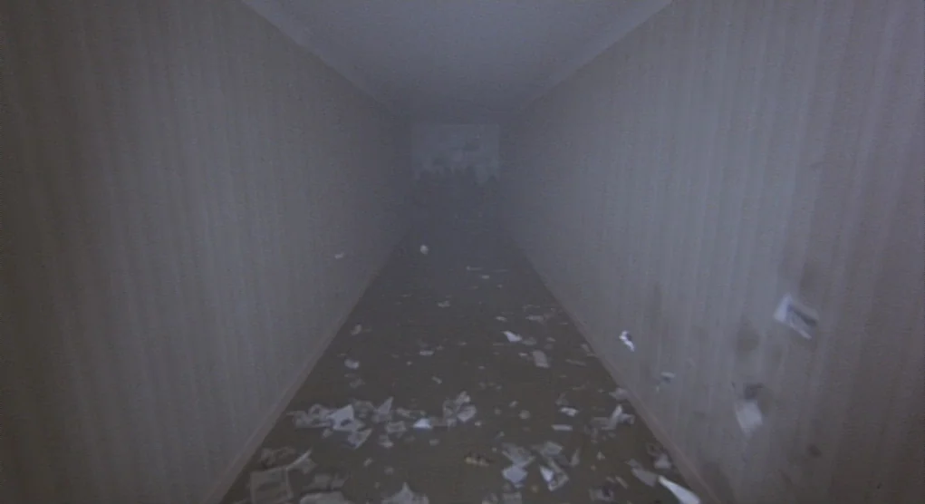 Time Bandits (1981) movie still: establishing — A long, dimly lit narrow hallway with pale striped wallpaper and a carpeted floor. Fragments of…