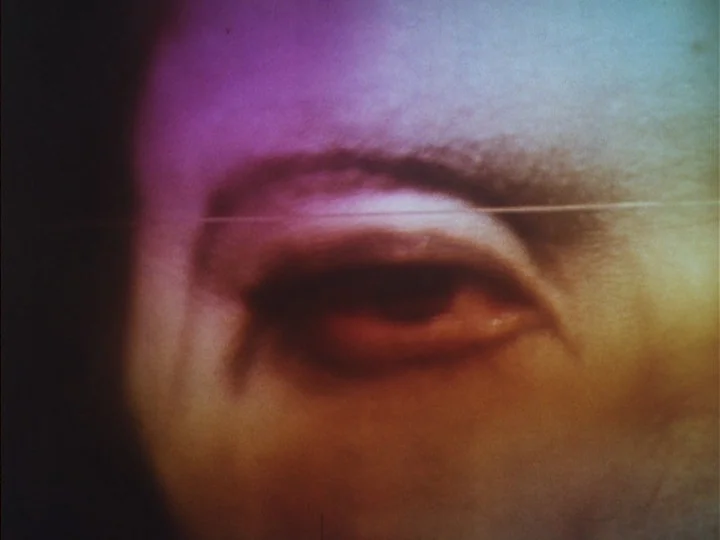Butterfly (1974) movie still: closeup — A extreme close-up focuses on a single human eye against an undifferentiated background. A faint horizontal…