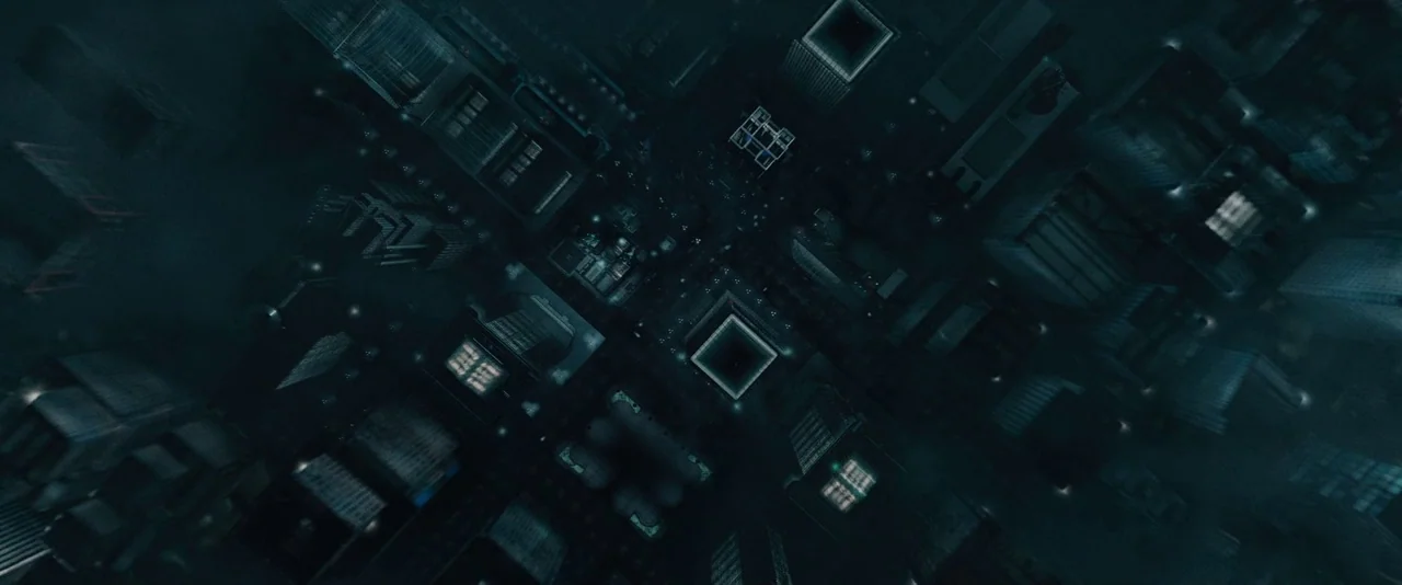 Resident Evil: Apocalypse (2004) movie still: establishing — A dense urban metropolitan center is viewed from an extreme high-angle aerial…