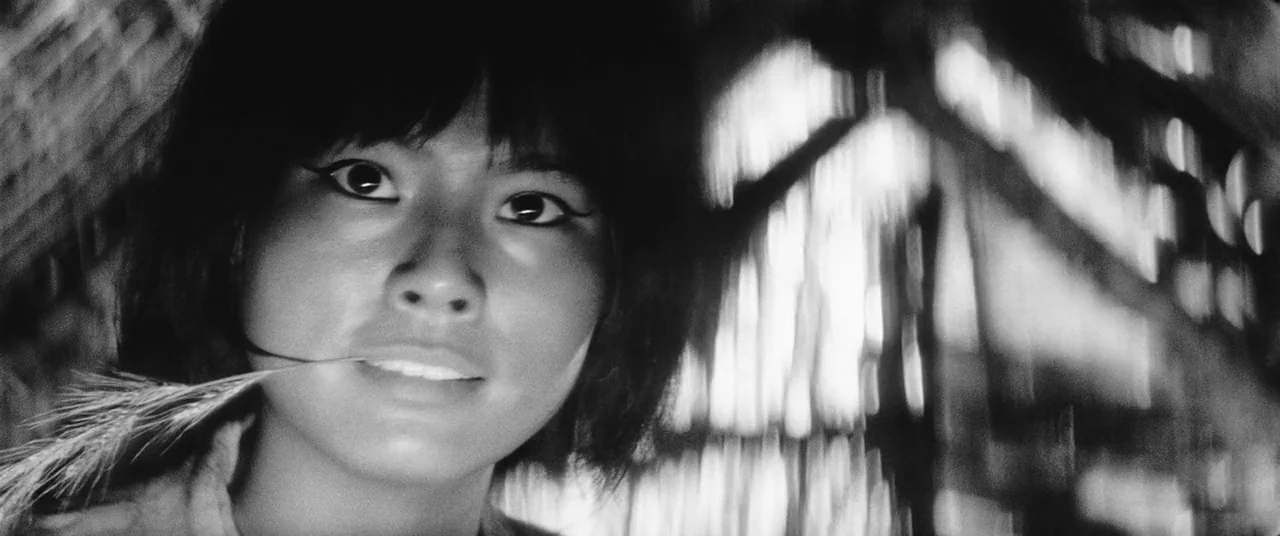 Onibaba (1964) movie still: closeup — Interior of a rustic dwelling with a thatched roof made of woven natural fibers. A woman with short dark hair…
