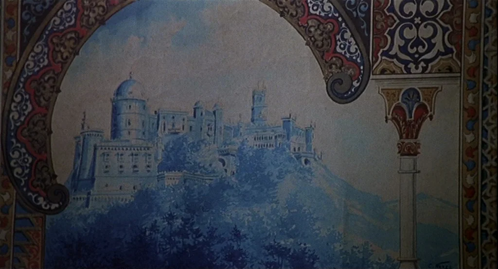 Deux (2002) movie still: establishing — An ornate architectural mural painted on a wall features a detailed palace on a hill. Intricate floral and…
