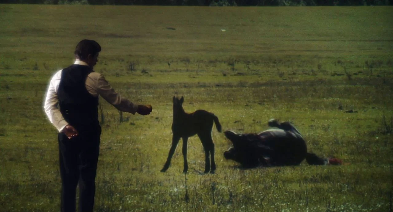 Tesla (2020) movie still: wide — A vast, open grass field under an overcast sky stretches toward a treeline. A man wearing a waistcoat holds his…