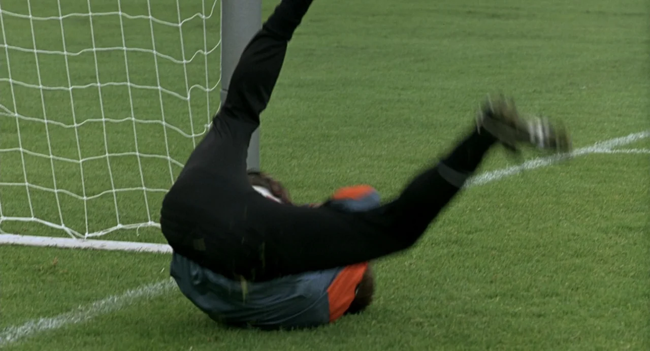 She's the Man (2006) movie still: medium — A green sports pitch with a white painted line and a metal goal frame. A goalkeeper in a black and orange…