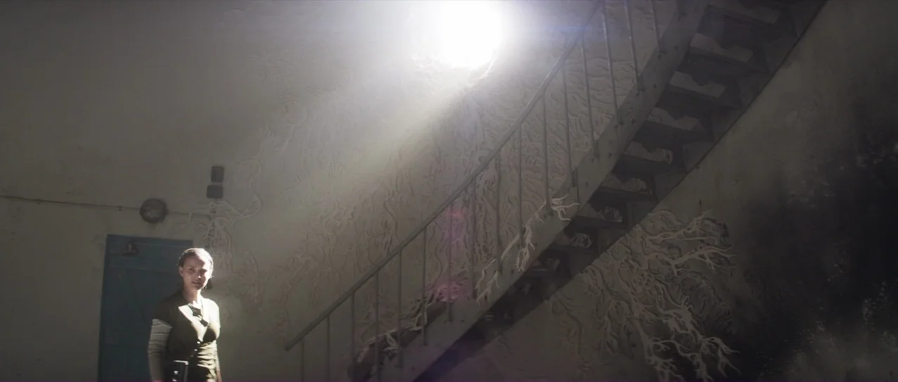 Annihilation (2018) movie still: wide — A concrete circular stairwell features intricate organic white branching growth patterns on the walls. A…