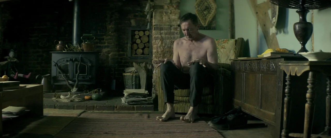 Lord of Misrule (2023) movie still: medium — A rustic interior features a brick fireplace, firewood logs, and a patterned rug. A shirtless man sits…