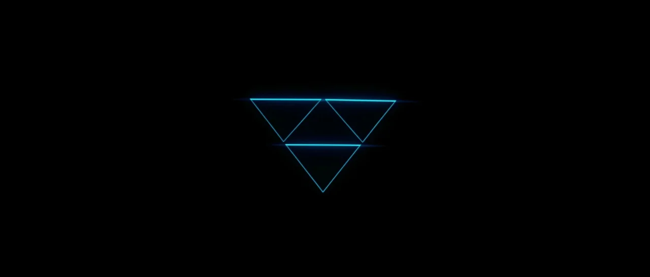 The Neon Demon (2016) movie still: wide — A complex geometric pattern composed of four interconnected equilateral triangles glows in total darkness.…