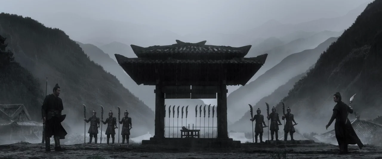 Shadow (2018) movie still: wide — A rain-drenched mountain pass features a dark wooden gate flanked by armed soldiers. Two men stand at opposite…