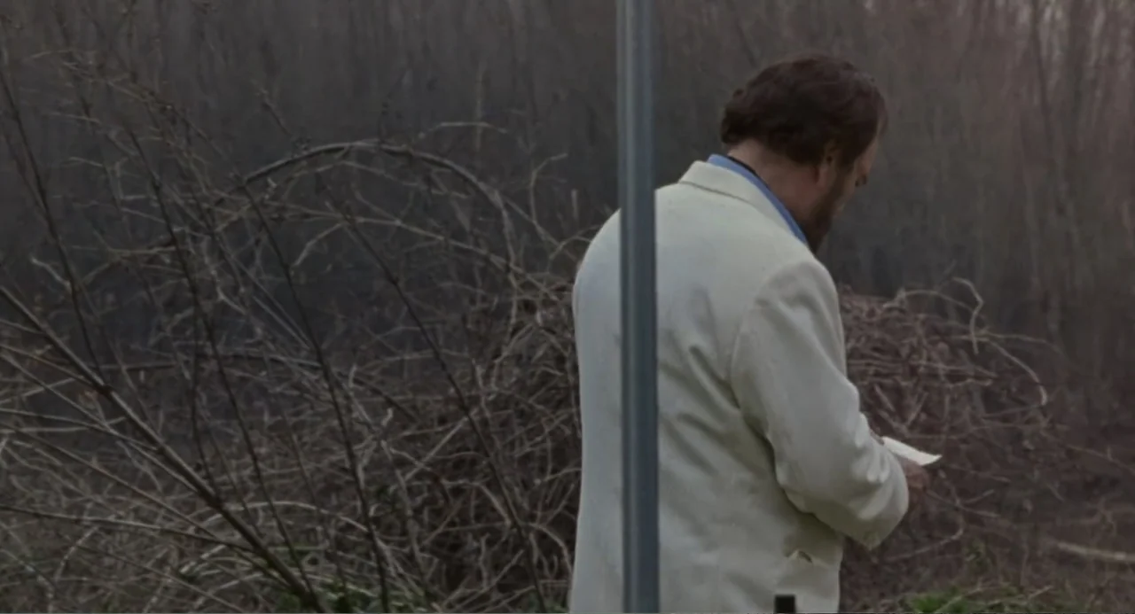 Forty Shades of Blue (2005) movie still: medium — An overgrown area filled with dry, leafless tangled branches and brushwood under a gray sky. A man…