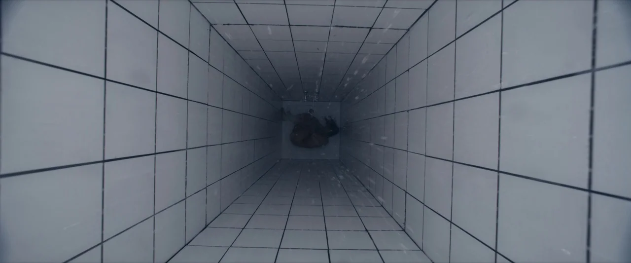 The Substance (2024) movie still: wide — A square tiled shower stall is viewed from directly overhead. A person is sitting on the floor in the…