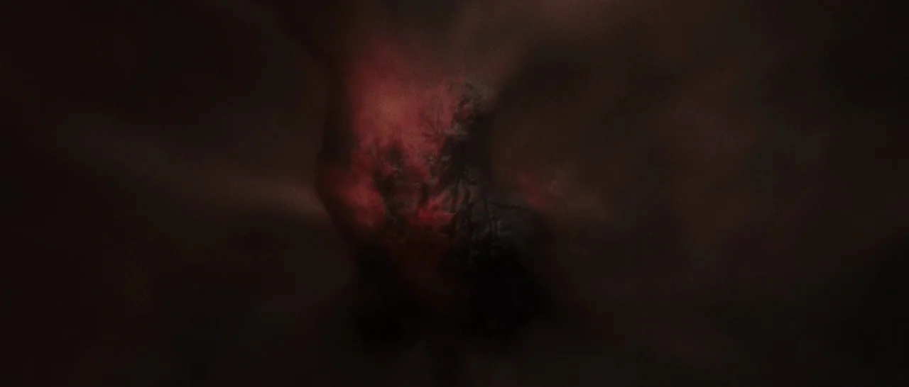 mother! (2017) movie still: closeup — An abstract, dark, and textured surface appears in the center of the frame. Red light pulses through the…