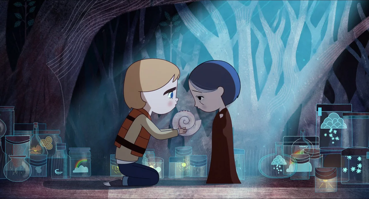 Song of the Sea (2014) movie still: medium — A dark cave setting filled with numerous glass jars containing glowing symbols and items. A blond boy…
