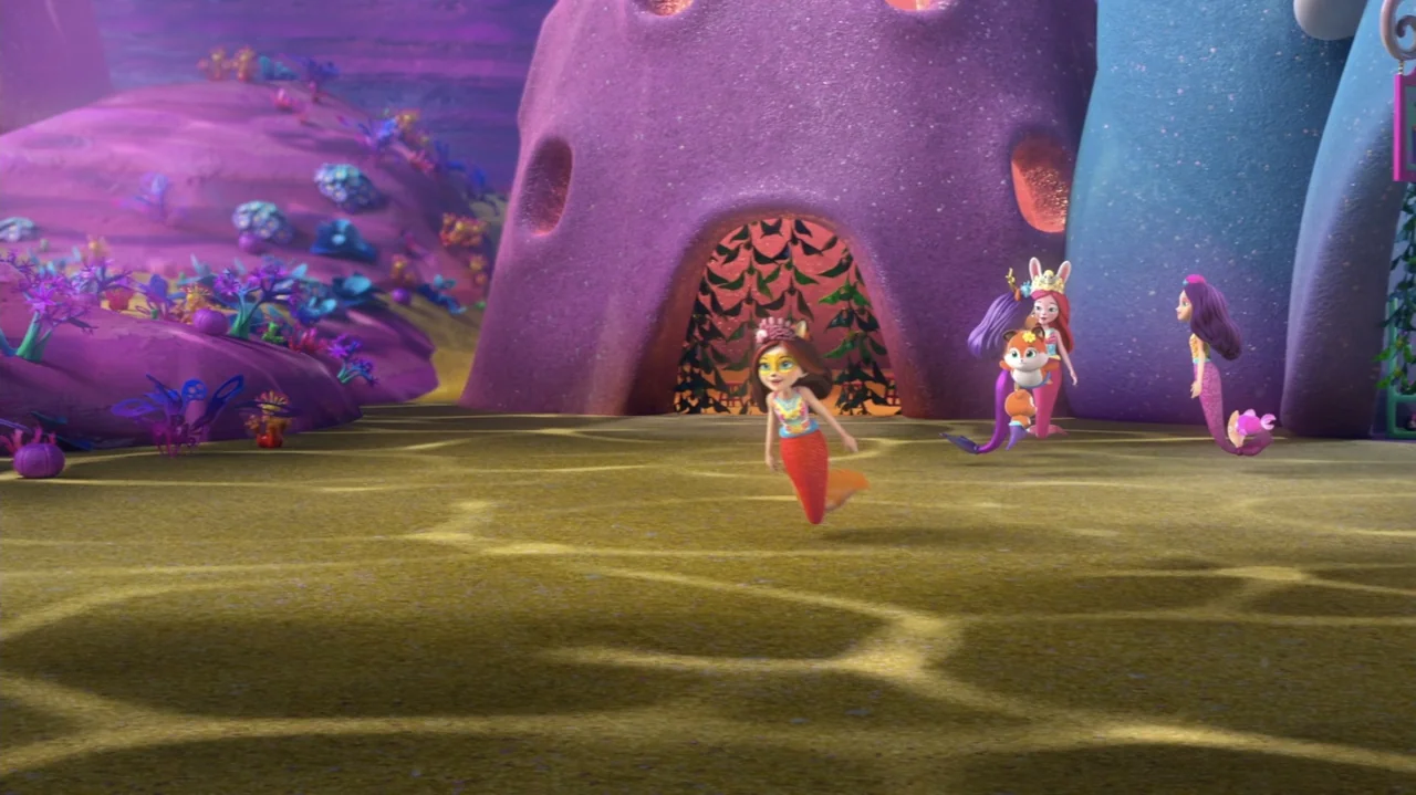 Enchantimals - Ocean Kingdom (2023) movie still: fullbody — An underwater sandy clearing features large, bulbous purple rock formations and colorful…