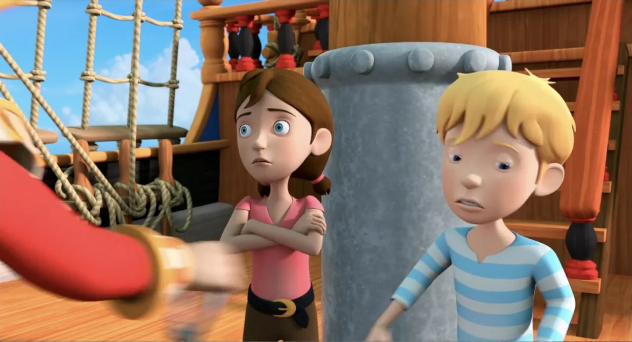 Capt'n Sharky (2018) movie still: medium — A wooden ship deck features ropes, a mast, and a staircase in the background. A young girl and a young…