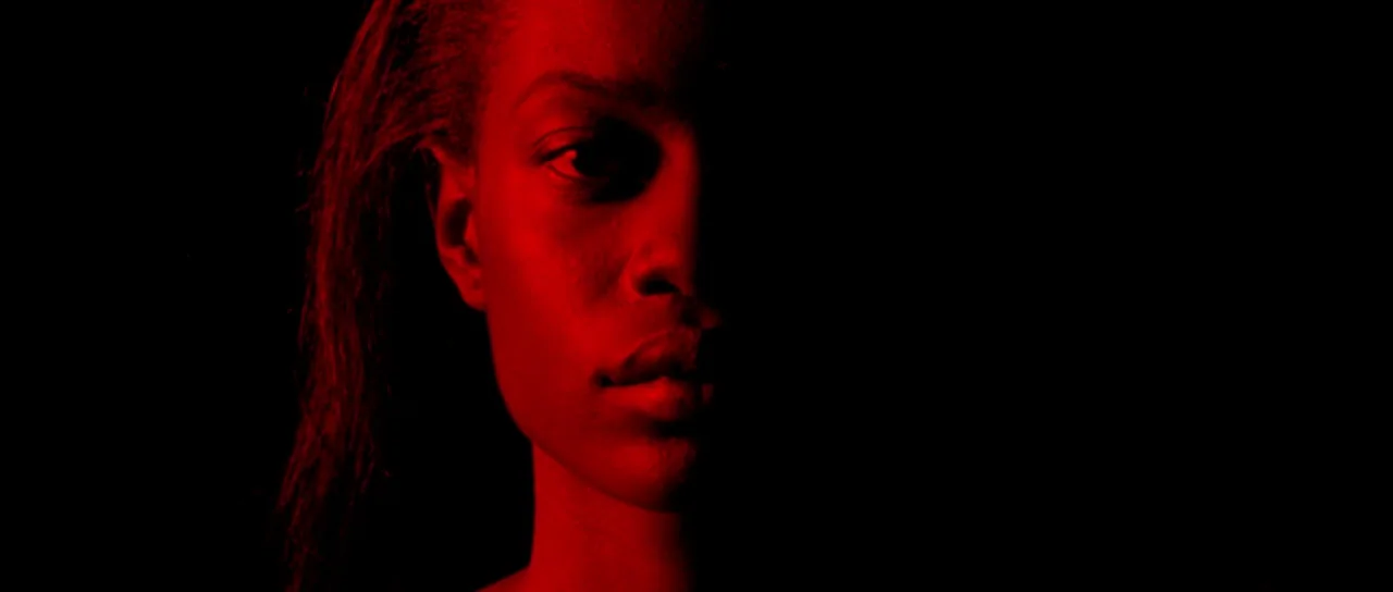 The Strange Colour of Your Body’s Tears (2013) movie still: closeup — A dark space serves as the backdrop for a close-up of a human face. One half…
