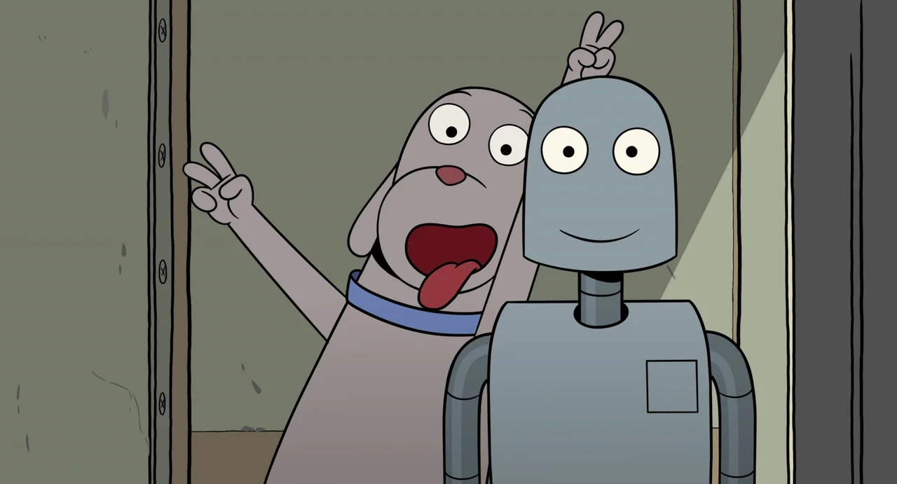 Robot Dreams (2023) movie still: medium — A cartoon scene shows an anthropomorphic dog and a simple robot in a hallway. The dog makes a peace sign…