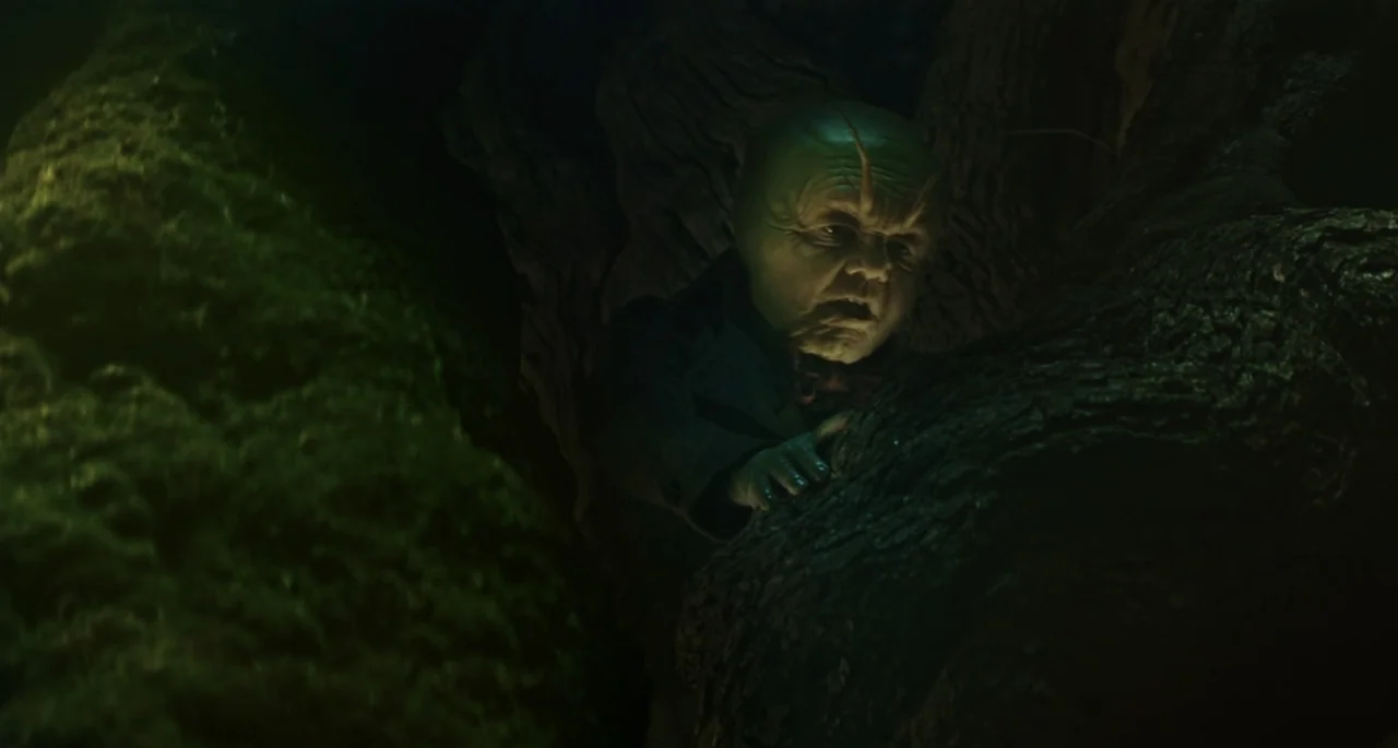 Pinocchio (2022) movie still: closeup — A dark, textured woodland area with thick, moss-covered tree trunks filling the frame. An elderly green…