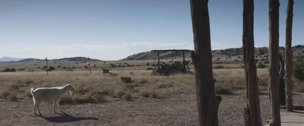 The Wind (2005) movie still: wide — An arid, grassy landscape features a wooden porch structure and a goat nearby. A woman in a long dress stands…