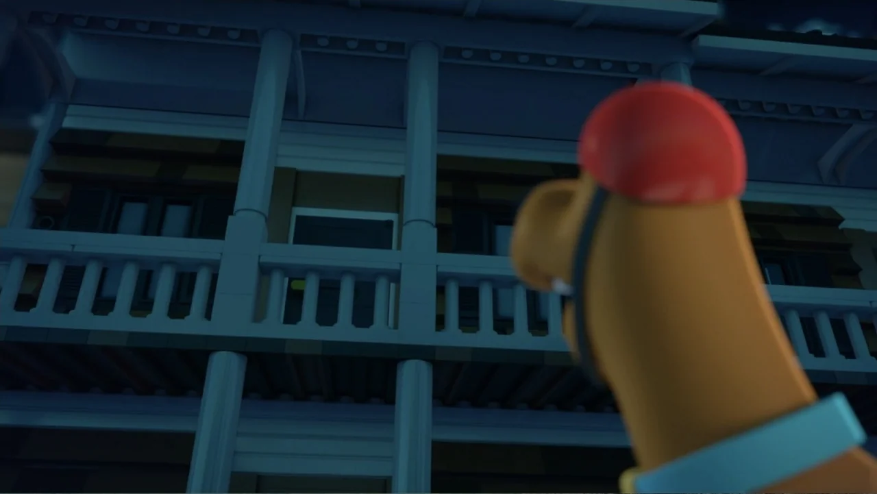 LEGO Scooby-Doo! Haunted Hollywood (2016) movie still: medium — A dark night exterior shows the front porch of a large two-story building. A cartoon…