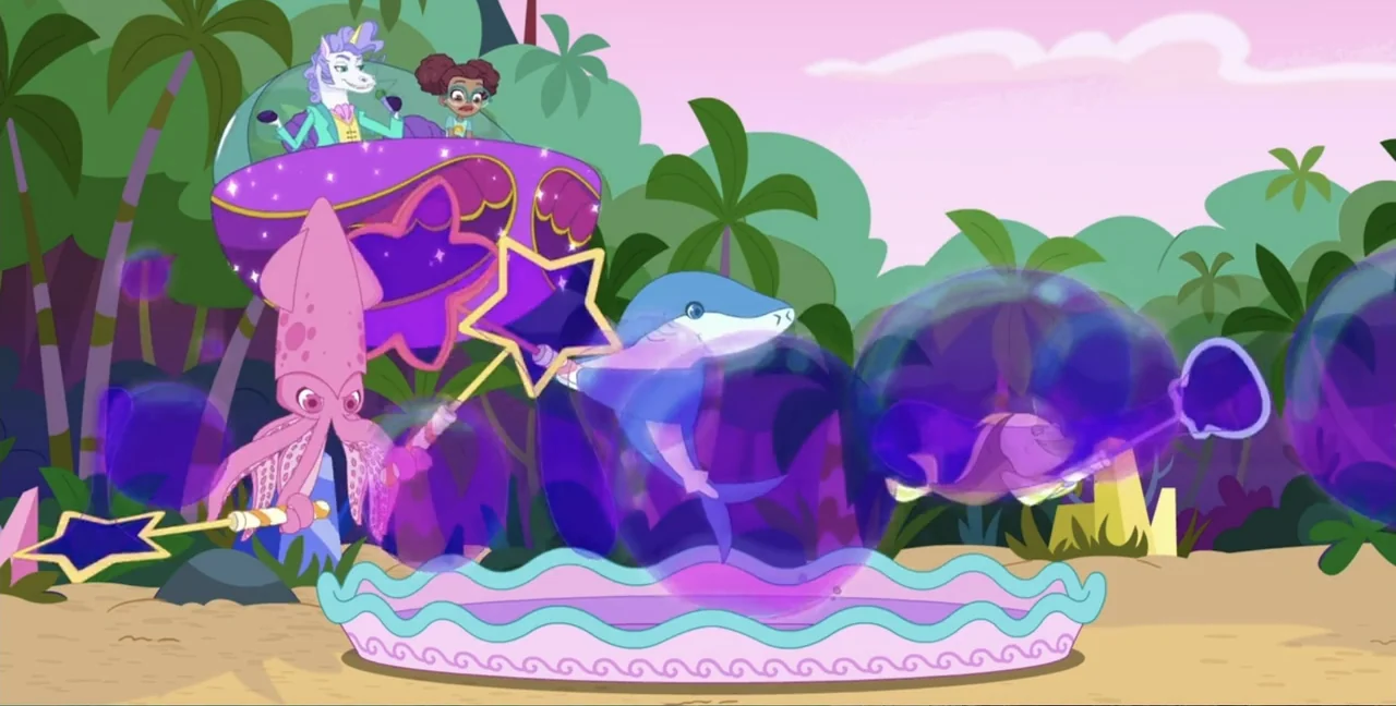 Polly Pocket Sparkle Cove Adventure (2023) movie still: wide — A vibrant animated tropical island features palm trees and a sandy beach foreground.…