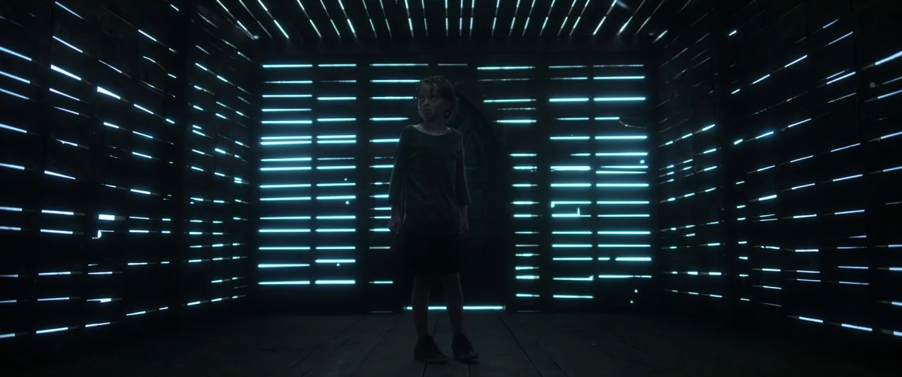In The Tall Grass (2019) movie still: fullbody — A dark wooden shed features horizontal slats that allow bright light to penetrate inside. A young…