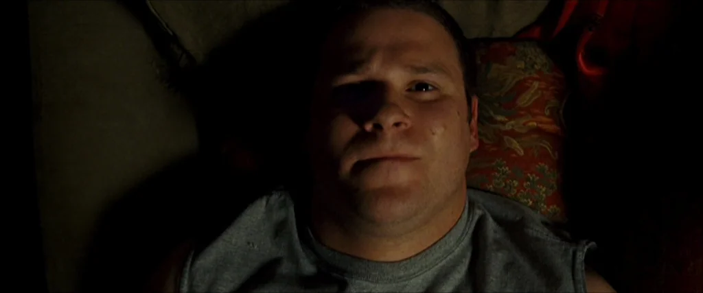 Observe And Report (2009) movie still: closeup — A man lies flat on a dark sofa with patterned cushions behind him. He gazes upward into the dim…