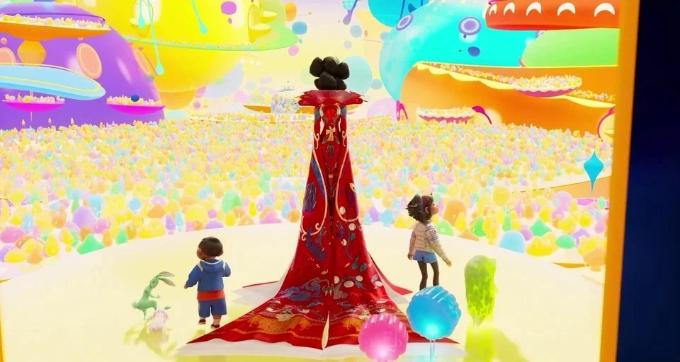 Over the Moon (2020) movie still: wide — A surreal stadium filled with glowing colorful objects under bright floating structures. The characters…