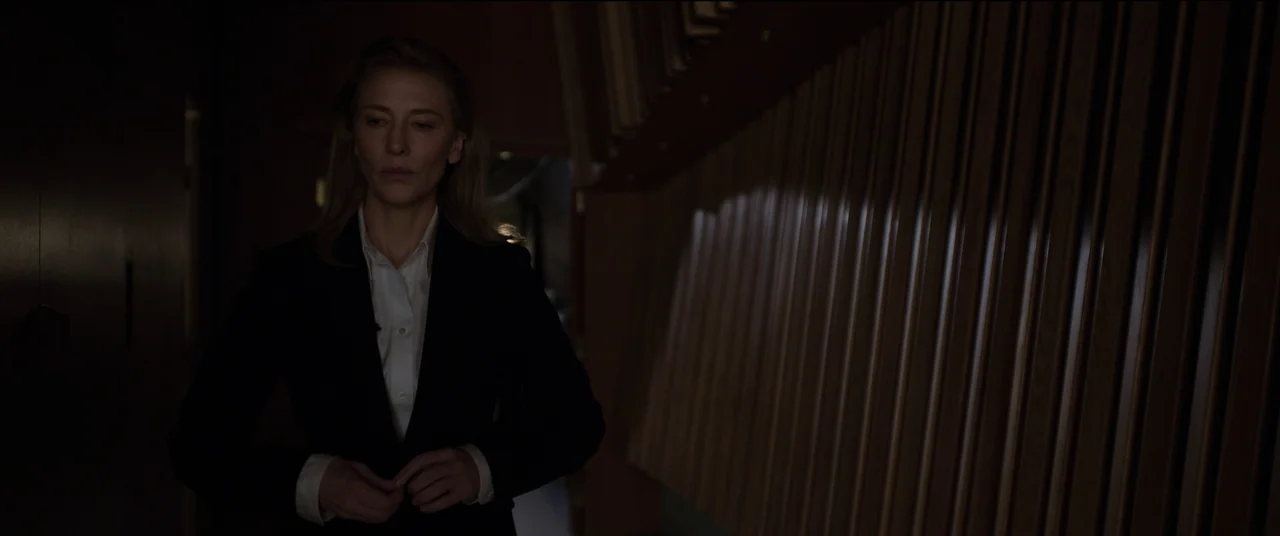 Tár (2022) movie still: medium — A dimly lit narrow hallway features a wall with vertical wood slats. A woman in a dark suit stands facing the camera.