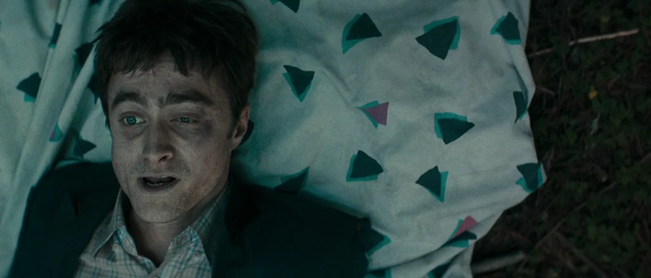 Swiss Army Man (2016) movie still: closeup — A man lies on a fabric sheet decorated with small, repeating teal and pink triangles. He stares upward…