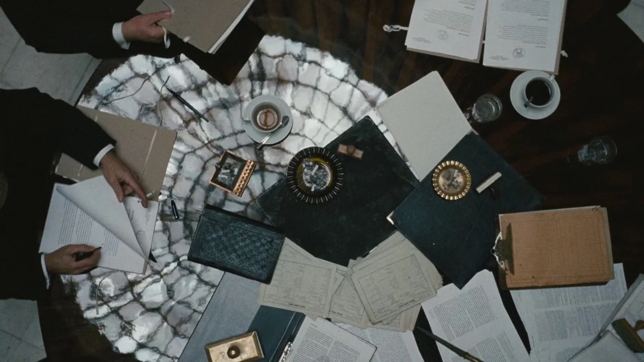 Childhood of a Leader (2015) movie still: wide — A top-down view of a circular table covered with documents, ashtrays, and beverages. Several hands…