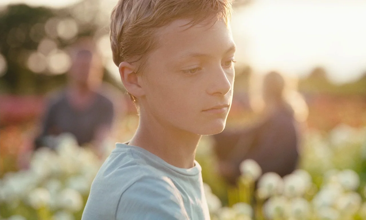 Close (2022) movie still: closeup — A field of white flowers is bathed in the warm light of golden hour. A teenage boy with short brown hair stands…
