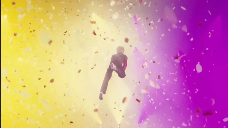 Charlie and The Chocolate Factory (2005) movie still: wide — A vibrant abstract space filled with swirling white flower petals against a colored…
