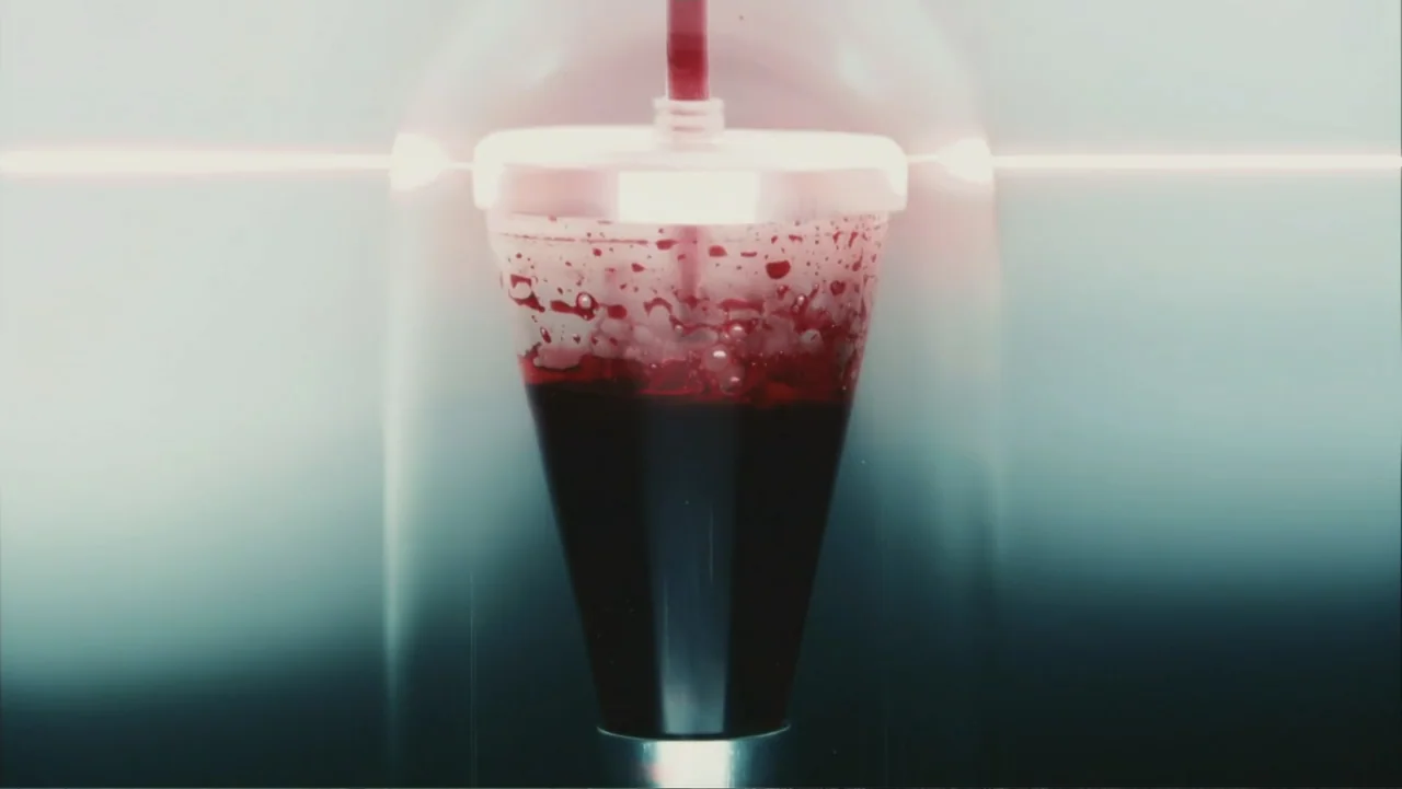 Ultraviolet (2006) movie still: closeup — A clinical laboratory setting features a clear glass funnel filled with viscous red liquid. Red liquid…