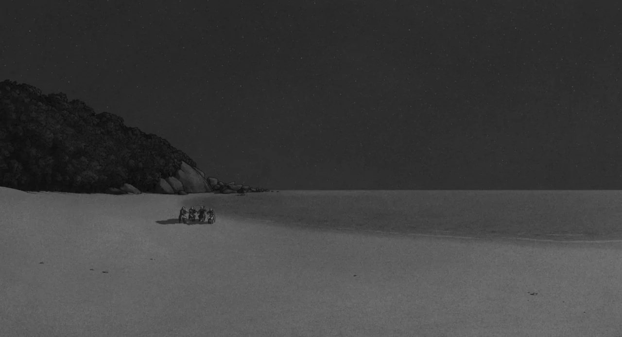 The Red Turtle (2016) movie still: wide — A quiet beach at night features a dark treeline and calm ocean water. A small group of musicians sits on…