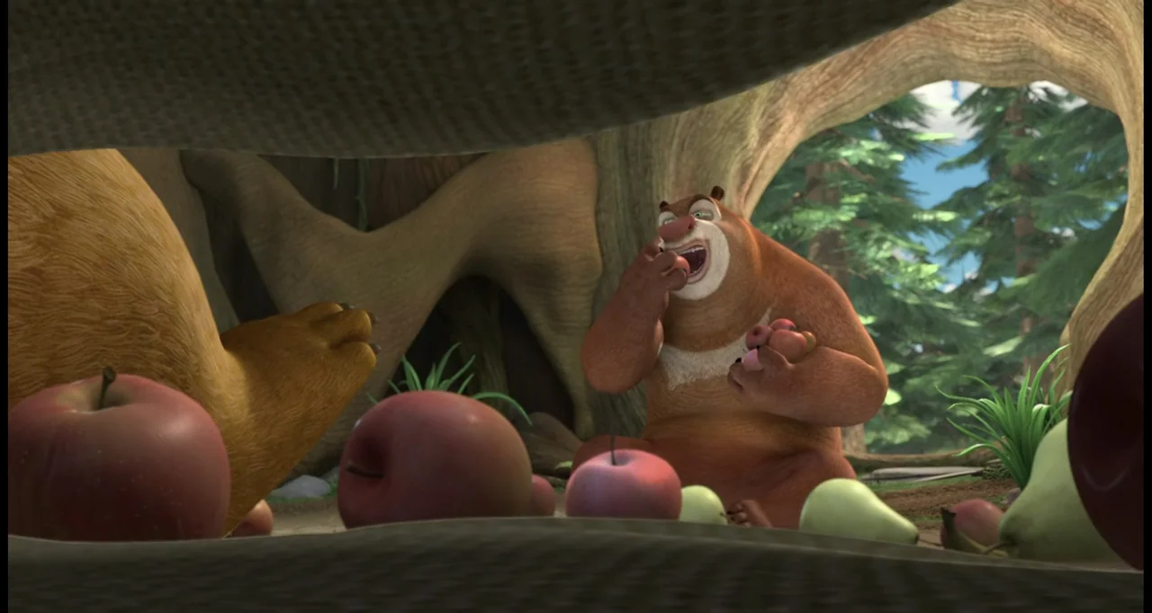 Boonie Bears: To the Rescue (2014) movie still: medium — A spacious tree hollow serves as a sheltered eating area for woodland creatures. A brown…