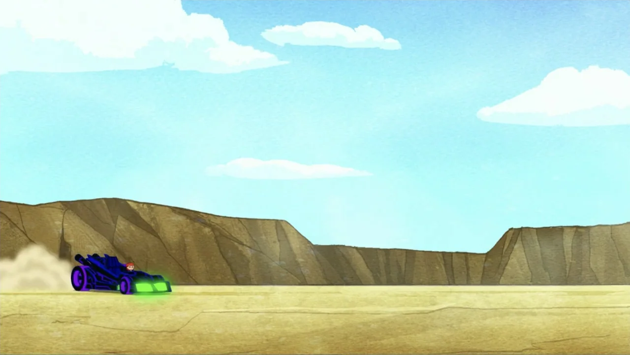 Ben 10 vs. the Universe: The Movie (2020) movie still: wide — A flat, tan desert landscape stretches out beneath a clear blue sky. A stylized purple…