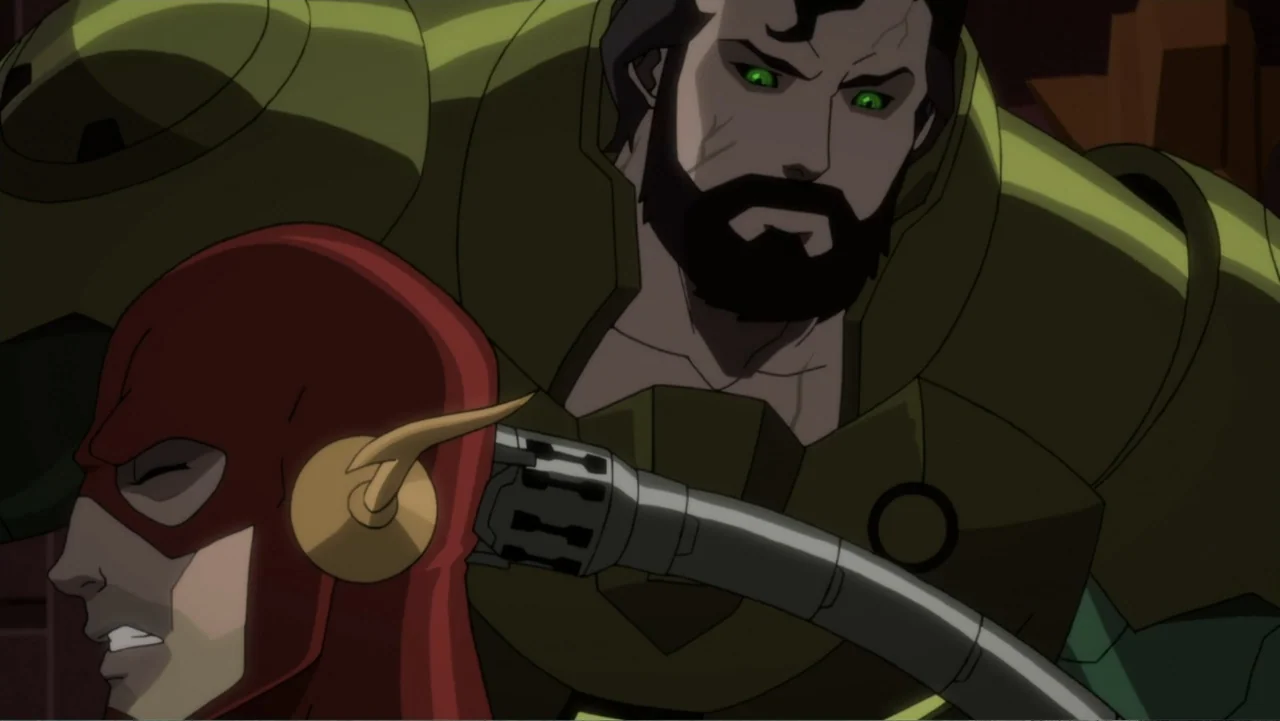 Justice League Dark: Apokolips War (2020) movie still: medium — A dark laboratory setting contains an armored figure and a character in a red mask.…