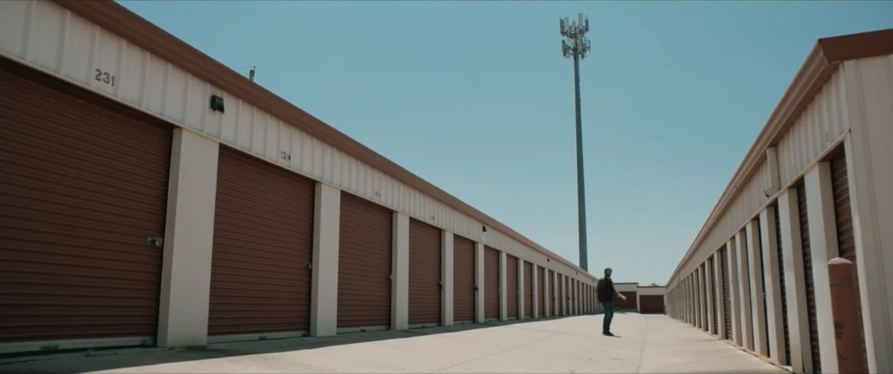 Possessions (2024) movie still: wide — A rows of numbered storage units stretch along a bright outdoor concrete alleyway. A lone man walks past the…