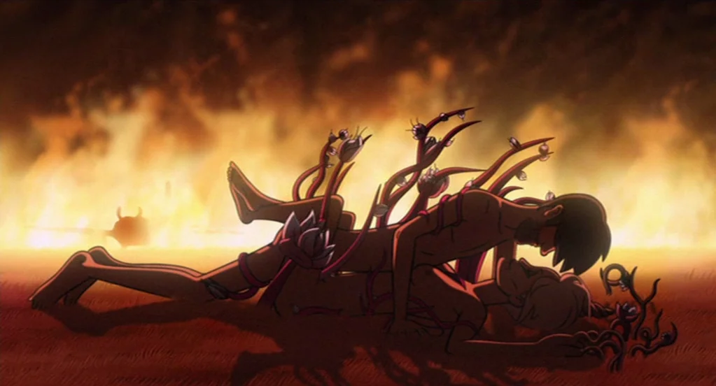 The Congress (2013) movie still: fullbody — Two individuals lie on a barren, parched surface surrounded by a wall of fire. Spiked vines wrap around…