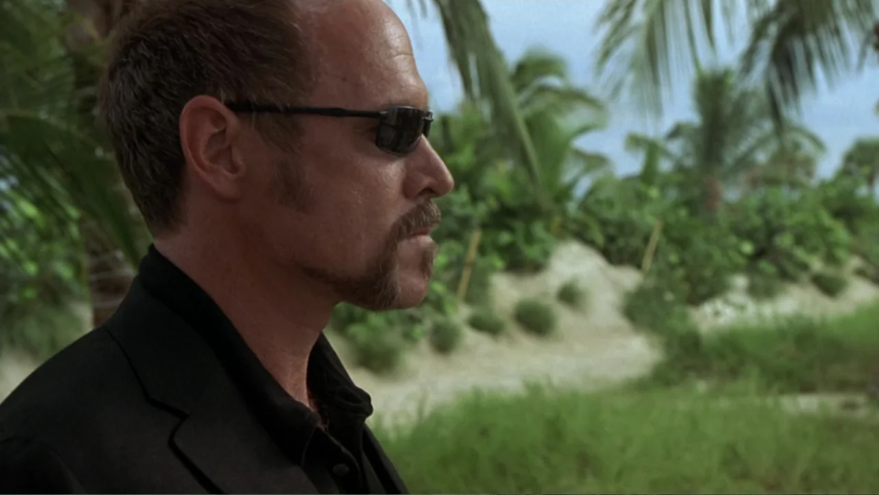 The Punisher (2004) movie still: medium — A man stands outdoors near palm trees and a sandy dune. The man is wearing a dark suit and sunglasses…