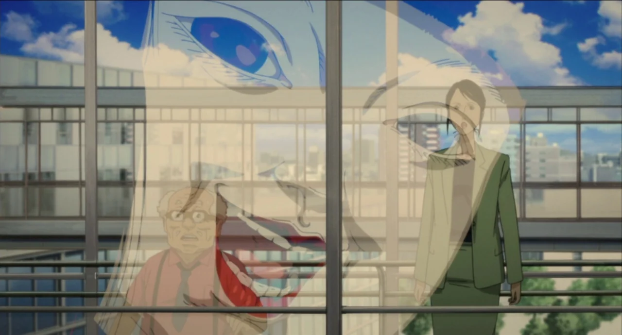 Paprika (2006) movie still: wide — A glass-walled observation deck overlooks a city skyline under a clear blue sky. An older man in a pink shirt and…