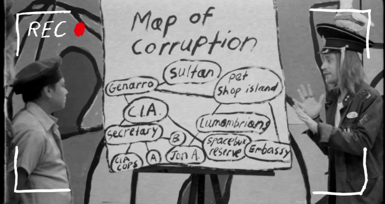 Adam Green’s Aladdin (2016) movie still: medium — A television studio set features a large hand-drawn diagram titled Map of Corruption. Two men…