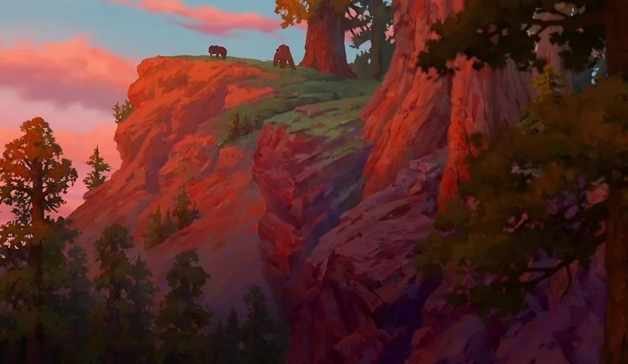 Brother Bear (2003) movie still: wide — A rocky mountain cliff face is overgrown with coniferous trees under a sunset sky. Two bears are silhouetted…