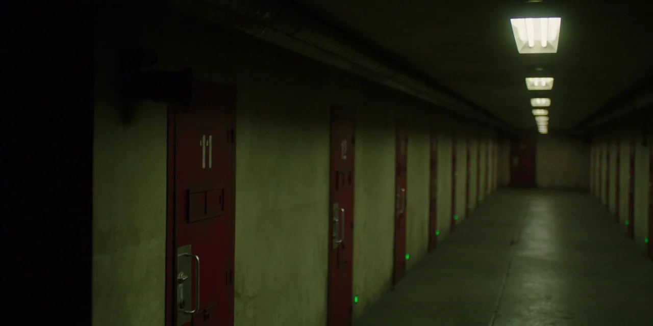 The Girl With All The Gifts (2016) movie still: establishing — A long, dimly lit institutional corridor features repetitive red doors numbered along…